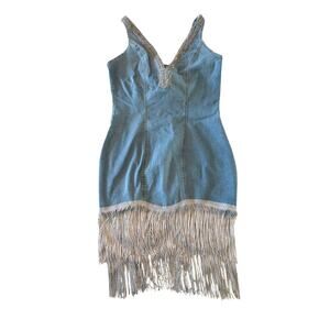 Denim Fringe Mini Dress  V-Neck